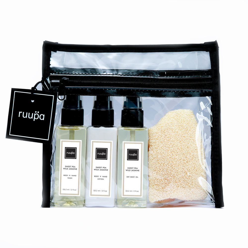 Travel Pack - zip closed bag with Ruupa Body Hand Wash, Lotion and Dry Oil 